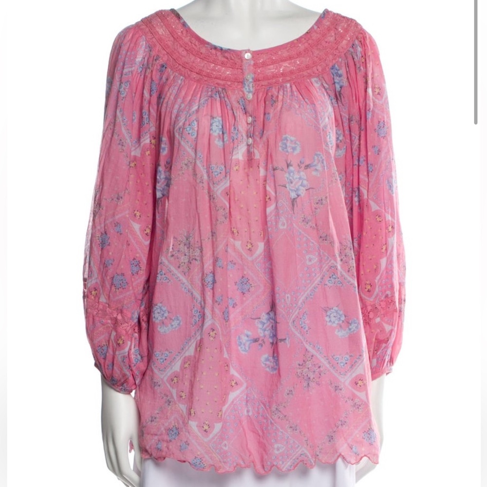 LOVESHACKFANCY pink cotton floral blouse top large size demure